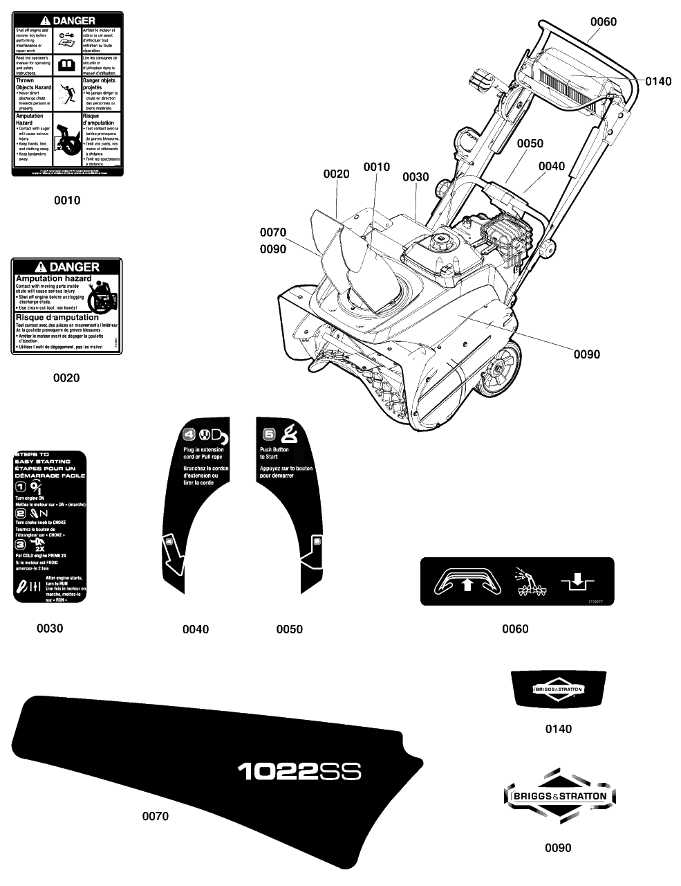 Decals Group Diagram and Parts List for 1022SS (1696560-02)(2018) Briggs and Stratton Snow Blower